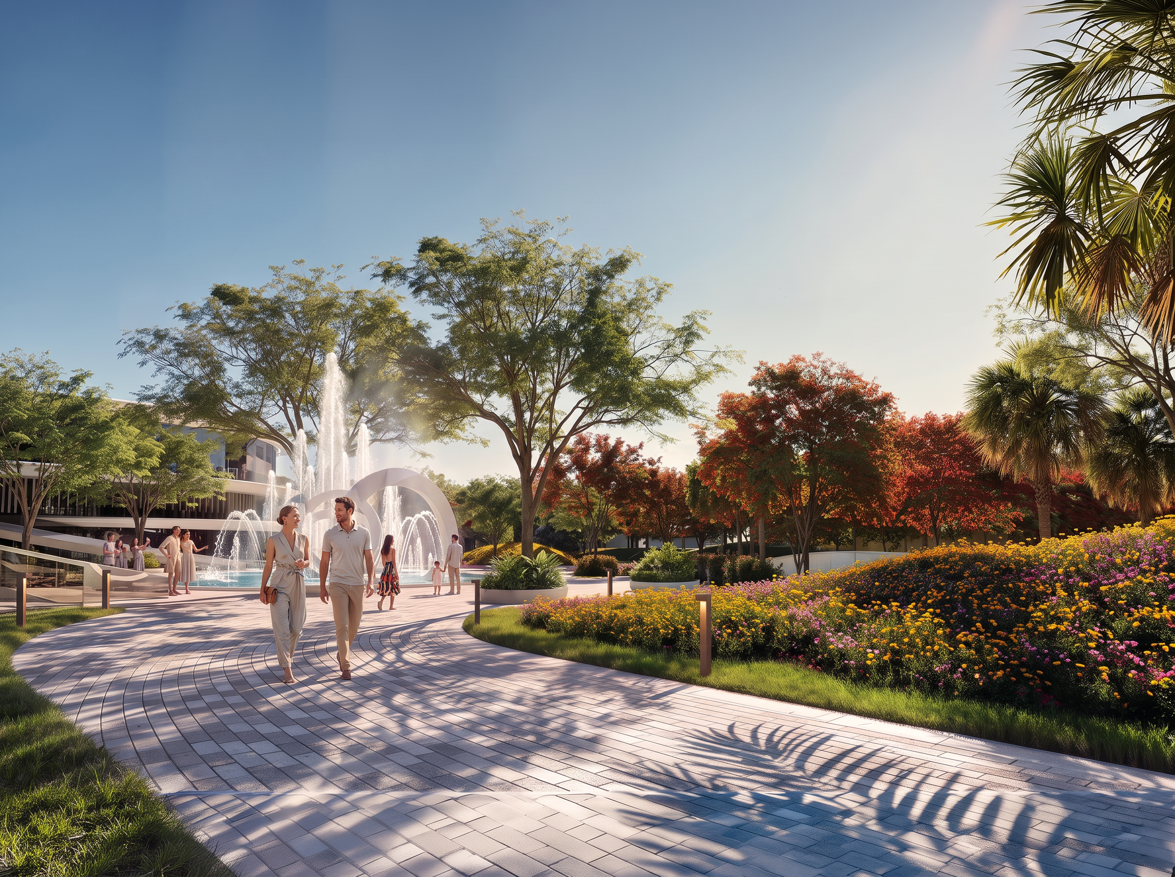 Families enjoying the landscaped central park at Azizi Florence